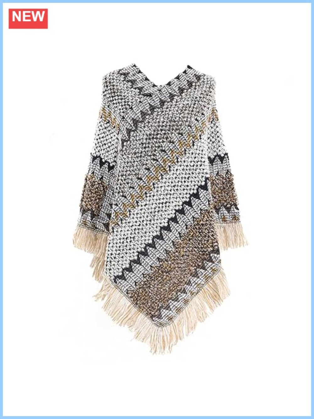 Womens Poncho Sweater Zig Zag Knit Mexican Wrap Fringe Crochet Shawl